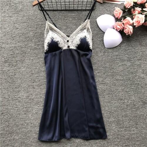 Daeyard Silk Nightgown Women Spring Summer Spaghetti Straps Nightdress Sexy Lace Trim Babydoll Mini Dress Sleepwear Home Wear