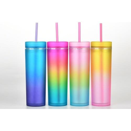 2021 New 16oz Gradient Rainbow Color Water Cup Straight SKINNY Double Layer Plastic Straw Cup Water Bottle