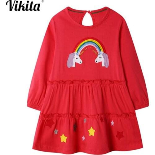 VIKITA Girls Dress Long Sleeve Cotton Rainbow Unicorn Dress Children Christmas Party Dresses Girls Animal Appliqued Clothes