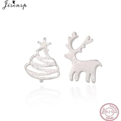 Jisensp Christmas Gift 925 Sterling Silver Elk Deer Christmas Tree Stud Earrings for Women Asymmetric Earrings Party Jewelry