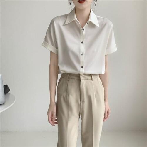 Casual Loose Short Women Shirt Office work Lady Korea Turn Down Collar Solid Vintage Single Breasted Tops Shirts 2021 Fashion