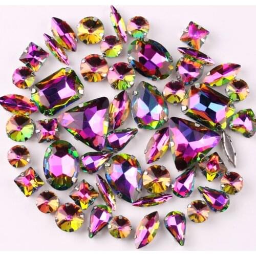 Silver claw settings 50pcs/bag shapes mix Flame rainbow glass crystal sew on rhinestone wedding dress shoes bags diy trim