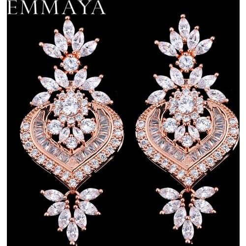EMMAYA New Rose Gold Luxury Big Long Flower Pendant Drop Earrings With Shining CZ Brincos Bridal Women Wedding Jewelry
