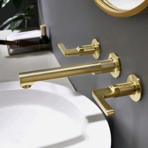 Gun Grey Bathroom Basin Faucet Soild Brass Sink Mixer Hot & Cold In-Wall 2 Handle 3 Holes Lavatory Crane Taps Brushed Gold New