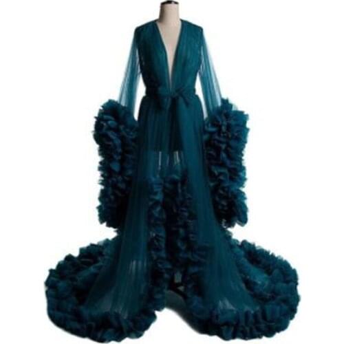 Navy Blue Bathrobes Dresses Tiered Ruffles V Neck Long Sleeve Sleepwear Evening Wedding Dress Bride Party Robe Nightdress