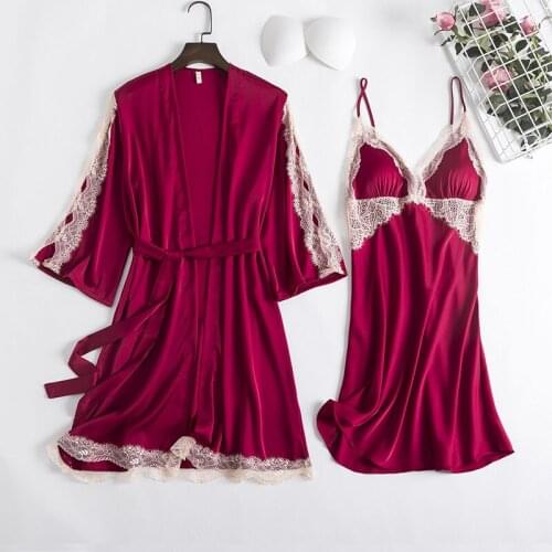 Burgundy Lace Trim Women Robe Sets Sexy Nightgown Nightdress Kimono Bathrobe Loose Lounge Home Wear Summer Lingerie Sleepwear