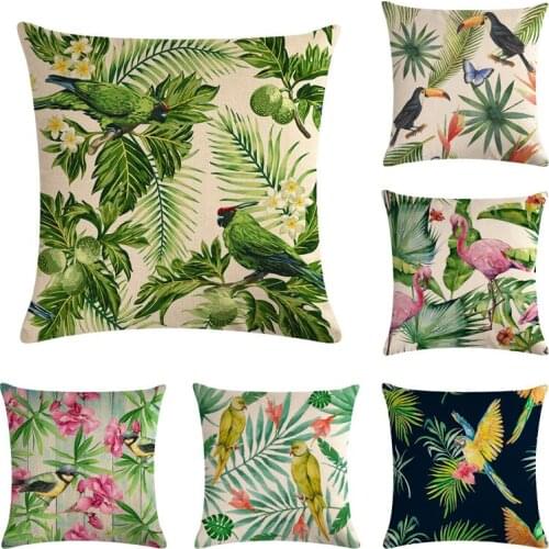 Tropical Plants Pillow Case Bird Flower Cotton linen Pillowcases Green Leaves Throw Pillow Cover Flamingo 45x45cm Cushion Cover