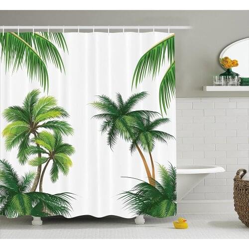 Tropical Shower Curtain Coconut Palm Tree Nature Paradise Plants Foliage Leaves Digital Illustration Waterproof Bath Curtains