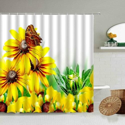 Yellow Sunflower Flower Butterfly Shower Curtain Summer Plant White Color Background Household Hanging Waterproof Curtains Set