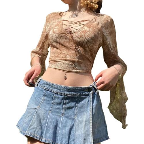 Womens Casual Split Long Sleeve T-shirt Fashion Mesh Yarn Printing Tie-up Exposed Navel Tops