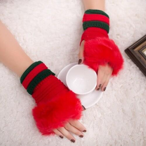 Women Fur Gloves New Wool Warm Winter Luxury Imitated Furs Half-Finger Gloves Multi-Color Stripe Wholesale Female Short Gloves