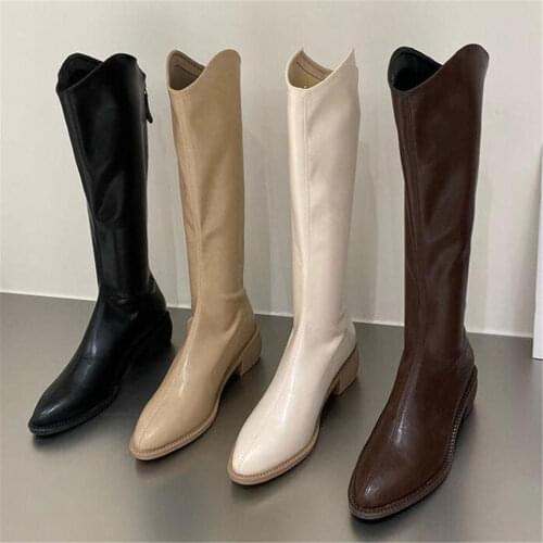 Shoes Women Pointy Toe PU Leather Knee High Boots Low Heels Spring Autumn Fashion Long Boots Flats Knight Boots Black Orange