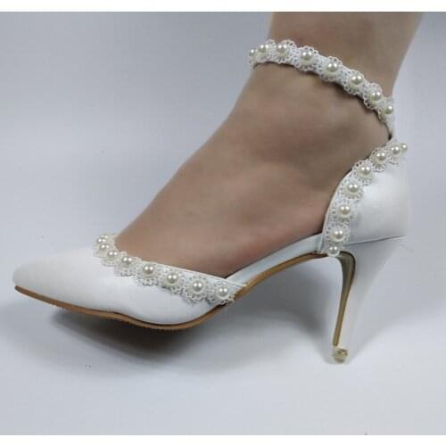 BaoYaFang Ladies Wedding shoes White Pearl Shoes Woman Ankle strap Party Pumps Female shoes Lace-Up buckle shoe
