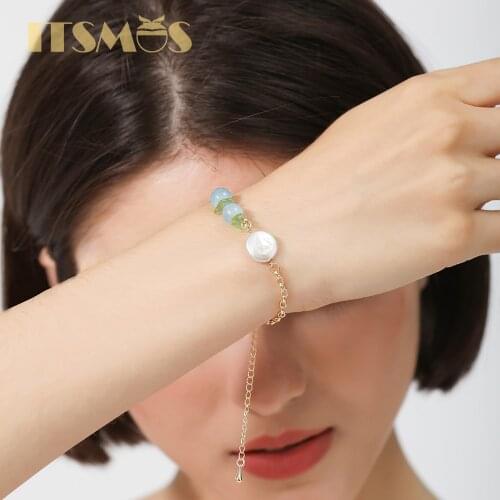 ITSMOS Natural Gemstone Aquamarine Peridot Pearl 14k Gold Plated Bracelet Summer Fresh Style Jewelry for Women Gift Fashion