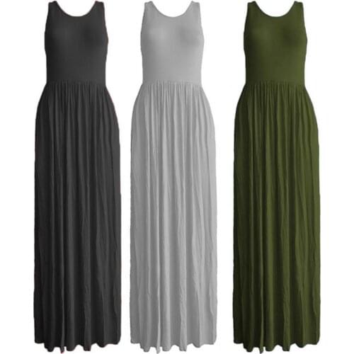 New Summer Simple Raceback Style Sleeveless Women Dress O Neck Solid Color Vest Top Pleated Large Hem Maxi Dress Streetwear