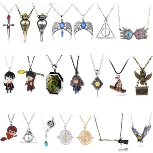 2021 Harries Time Turner Hourglass Necklace Jewelry Potter Pendant Magic Wand Hermione Red Stone Golden Snitche Death HallowToy