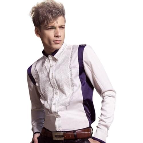 Free Shipping New fashion casual male mens man Long Sleeved Lace FanZhuan party dress anti wrinkle white shirt blouse 14201