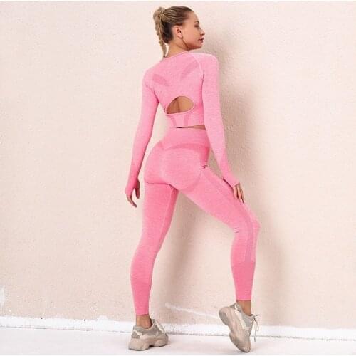 2PCS Seamless Women Sport Suit Yoga Set Gym Workout Clothes Long Sleeve Fitness Crop Top + High Waist Running sport Leggings