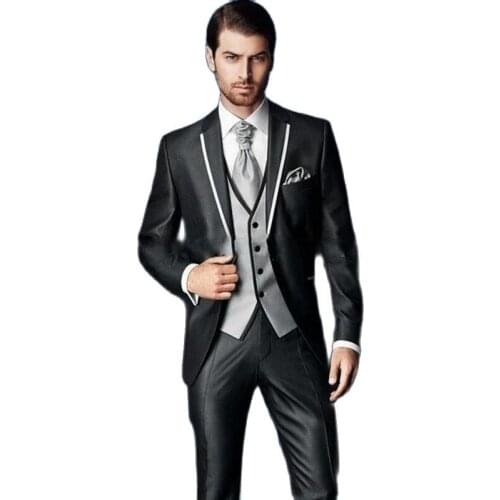 Shiny Black Groom Tuxedos 3 Piece Notch Lapel Men Business Suit Cocktail Dress Party Clothes(Jacket+Pants+Vest+Tie) W:308