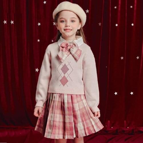 Baby Girls Clothes for Kids Sets Spring & Autumn Long Sleeve Plaid Sweater Pleated Skirt 2 Pieces Cute Children Outfits Vestidos