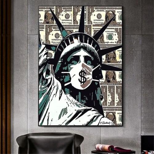 Canvas Print Painting Statue of Liberty Wear Mask Dollar Wall Poster Graffiti Art Aisle Living Room Unique Home Decoration