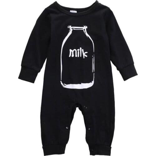 Boy Girl Bottle MILK Letters Romper 2020 Spring New Children Classic Black Jumpsuit Clothes Newborn Kids Long Sleeves Clothing
