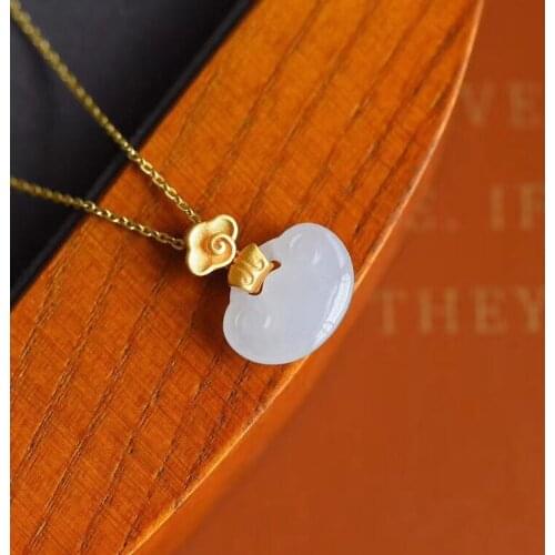 Natural Hetian Jade White Jade Lock of Good Wishes Pendant Inlaid S925 Sterling Silver Ruyi Pendant Ancient Thick Gold Jewelry