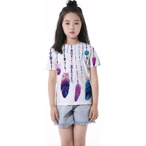 Girls 3-10 Y Summer O-neck Short Sleeve 3D Digital Print Feather Shade Pattern T-shirt Fashion Korean Style Girls T-shirts