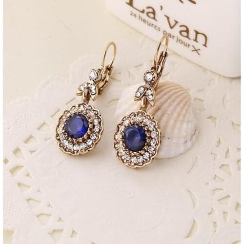 Fashion antique gold Bohemian style Blue Stone Flower crystal womens drop earrings xye238