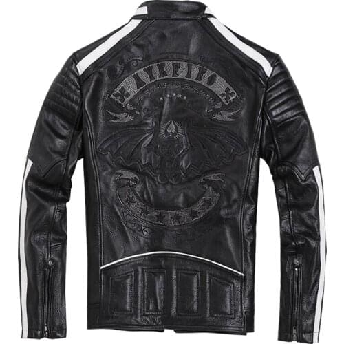Cowhide embroidery genuine leather mens jacket white striped jacket heavy motorcycle motorcycle plus size mens clothing