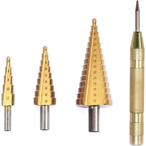 3pcs straight flute triangle shank step drill bit sets HSS 4-12mm 4-20mm 4-32mm drills with Center punch for woodworking tool