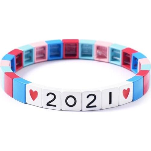 Number Tile Beads Strand Bracelet Bestfriend 2021 New Year Gift Enamel Beaded Layer Wristband Metal Square Handmade Armband