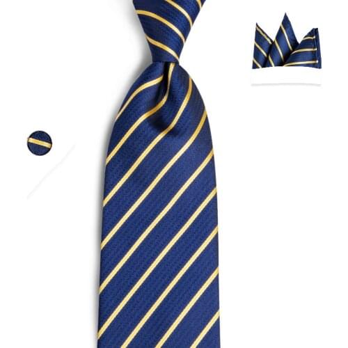 New Hot Sale Mens Necktie Hanky Cufflinks Set Tie for Men Pocket Square Wedding Grooms Yellow Blue Striped Neck Tie Set N-7029