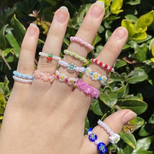 New Cute Transparent Resin Acrylic Handmade Beaded Rhinestone Colourful Geometric Square Round Rings for Women Y2k Jewelry Party