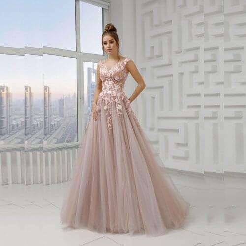 Charming Hot Sale Blush Pink Evening Gowns Long Cap Sleeves Illusion Jewel Neck Wedding Party Dresses Buttons Back Appliqued