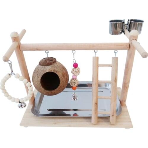Parrot Bird Playground Toy Wood Perch Gym Coconut Shell Bird Cage Ladder Exercise Toys with Feeding Cups for Conure Lovebirds