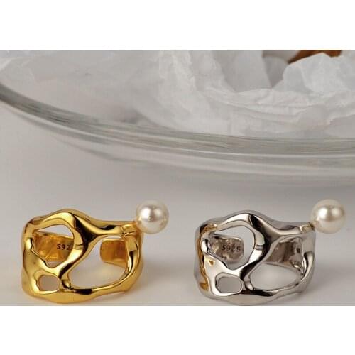 Simple light luxury s925 sterling silver shell beads ring female ins trendy opening irregular hollow index finger ring