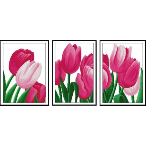 Pink Tulip Series Patterns Joy Sunday Stamped Cross Stitch Kits 14ct 11ct Printed on Canvas DIY Hand Needlework Embroidery Kits