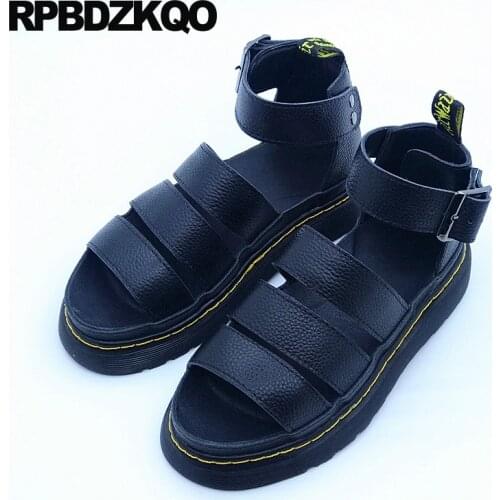 Genuine Leather Harajuku Platform Roman Ankle Strap Flatform Women Sandals Flat Summer 2019 Strappy Gold Black Gladiator Shoes