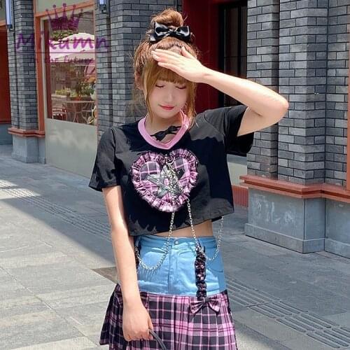 Harajuku Girls Cute Sweet Love Plaid Patchwork Chain O-Neck Short Sleeve T-Shirts Punk Summer Women Casual Top