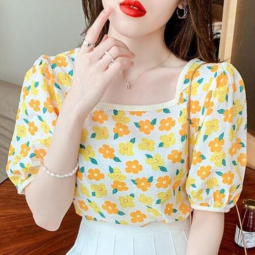 2021 summer new style printed blouse sweet and square collar thin floral chiffon puff sleeve short sleeve shirt women short
