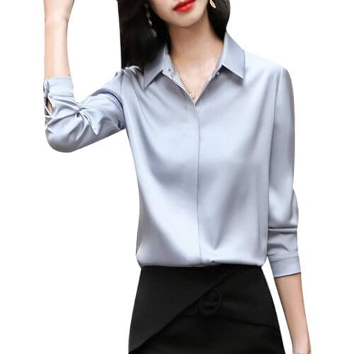Womens Spring Autumn Style Chiffon Shirt Womens Solid Color Button Long Sleeve Turn-Down Collar Korean Elegant Tops SP828