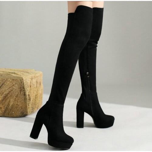 Big Size 43 Women Over the Knee Boots Platform Square High Heel Ladies Stretch Boots Faux Suede Chunky Boots Round Toe Shoes