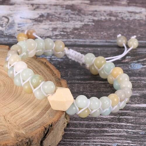 Boho Double Layer Hand-woven 6mm Amazons Stone Wood Bead Charm Wrap Bracelets Bangles For Women Girls Natural Stone Jewelry