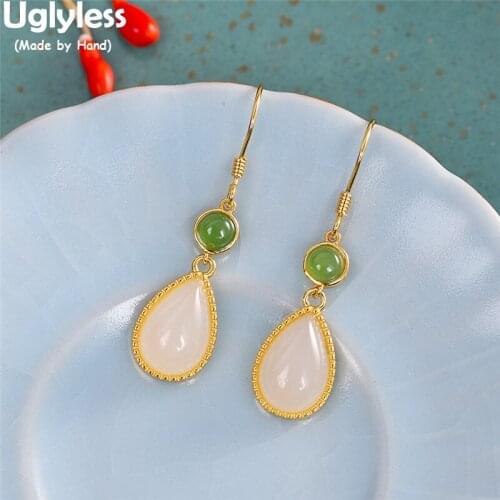 Uglyless Elegant Lady Water Drop Hotan Jade Earrings Women Simple Fashion Party Dress Jewelry Gold Brincos 925 Silver Earrings