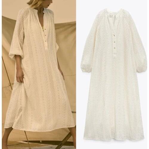 Za 2021 Embroidery Dress Woman Cut Out Long Dress Women Vintage Long Puff Sleeve Midi Summer Dresses Loose Casual Dresses