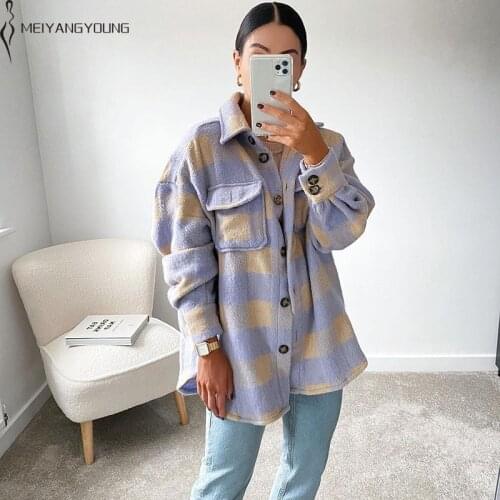 MEIYANGYOUNG Vintage Purple Plaid Long Coats Women Winter 2020 Button Oversize Womens Jacket Korean Coat Outerwear Pockets Tops