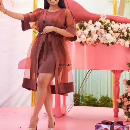 African Dress For Women 2 Piece Set Africa Clothing Mesh Long Coat Top and Sleeveless Dress Set Outfits Vestidos PartyClub