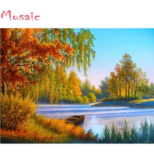 Diy 5D Diamond Painting Scenery Nature Fall Lake Diamond Mosaic Full Square/Round Drill Needlework Mosaic Full Embroidery Decor