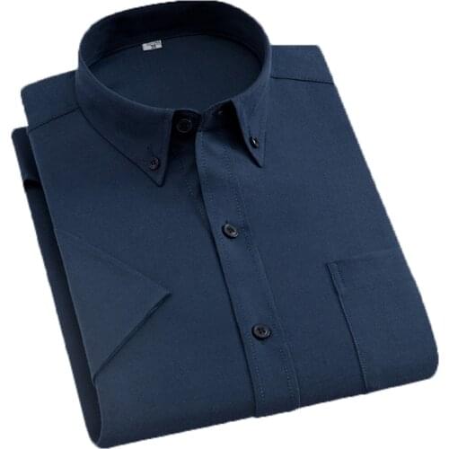 AOLIWEN men navy solid color 60% cotton oxford short sleeve shirt S-4XL summer business casual thin breathable slim fit shirts